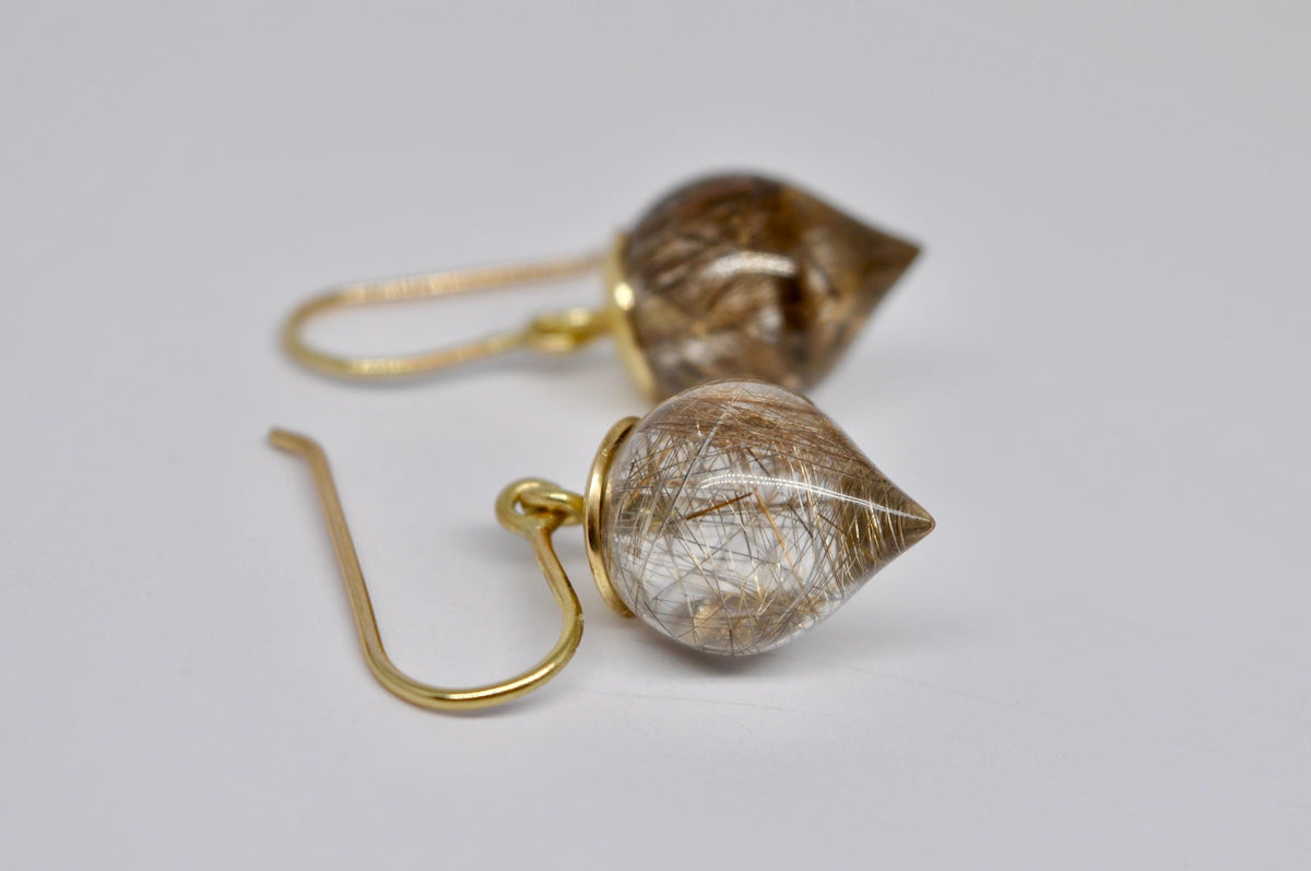 Dangling drop earrings, gold earrings, rutilated quartz
