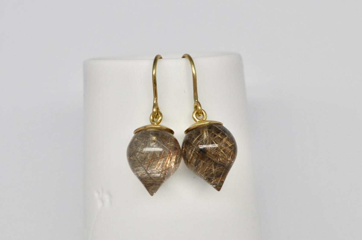 Dangling drop earrings, gold earrings, rutilated quartz