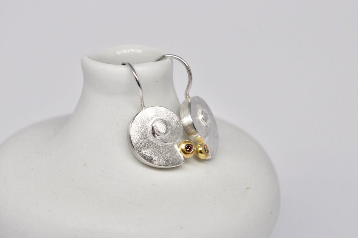 Sterling Silver Spiral Earrings, 18k Gold and Brown Diamond: Elegant Handmade Jewelry