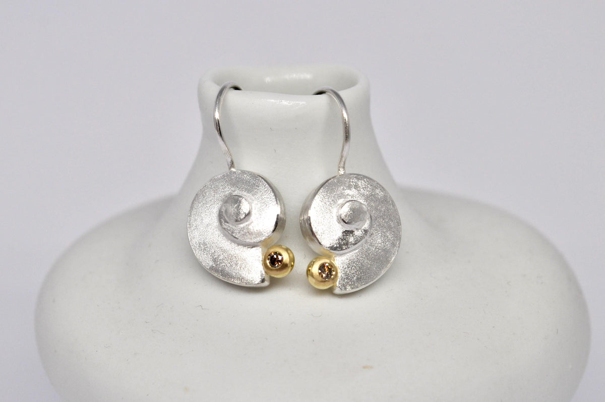 Sterling Silver Spiral Earrings, 18k Gold and Brown Diamond: Elegant Handmade Jewelry