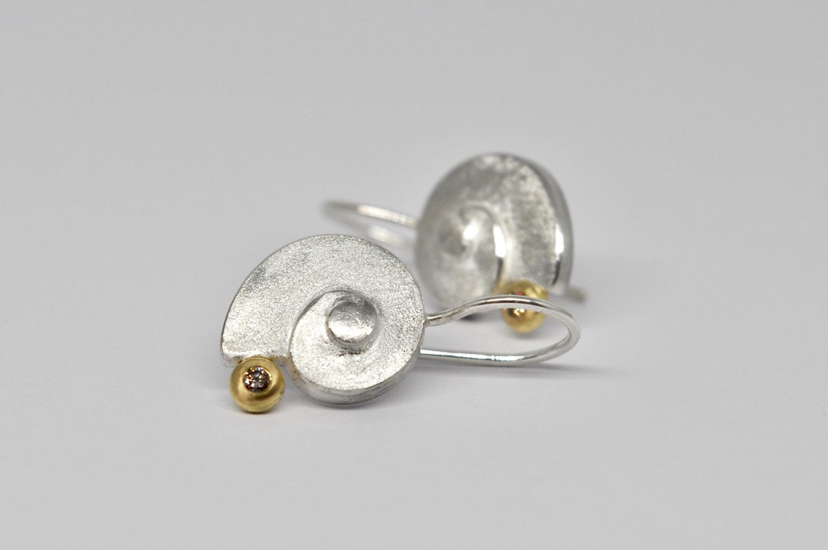 Sterling Silver Spiral Earrings, 18k Gold and Brown Diamond: Elegant Handmade Jewelry
