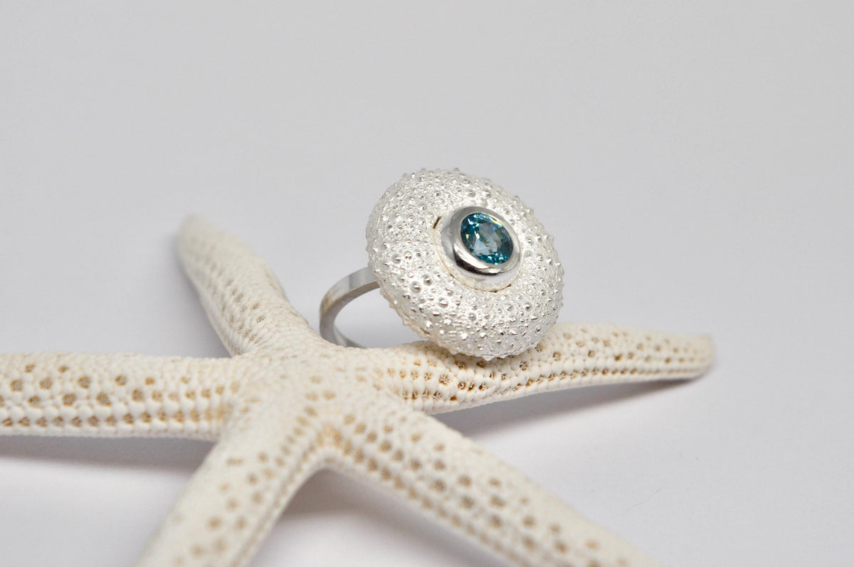 Sterling Silver Sea Urchin Ring With Blue Zircon : Handmade jewelry