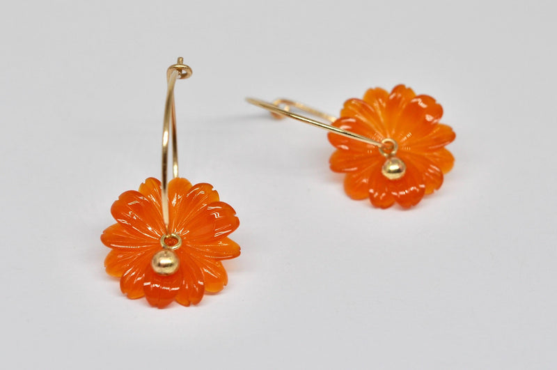 18k Yellow Gold Hoop Earrings with Orange Agate Flowers : Handmade Jewelry