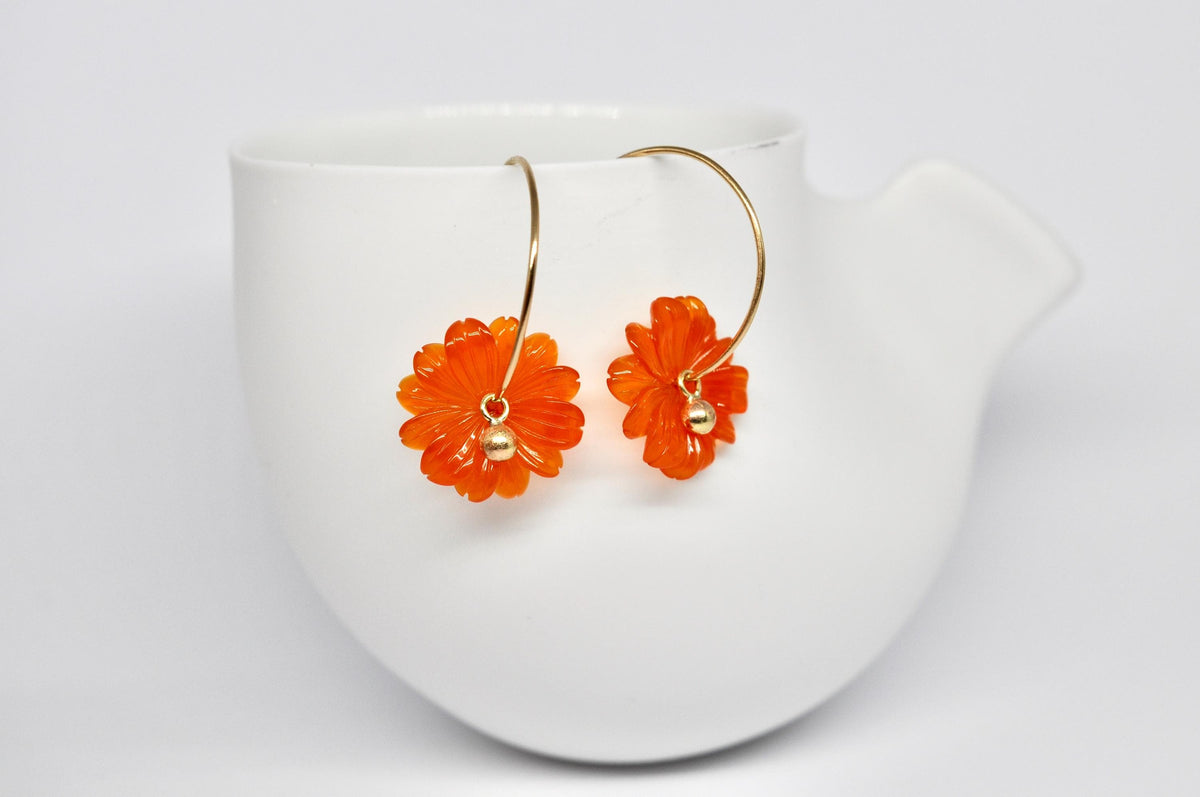 18k Yellow Gold Hoop Earrings with Orange Agate Flowers : Handmade Jewelry