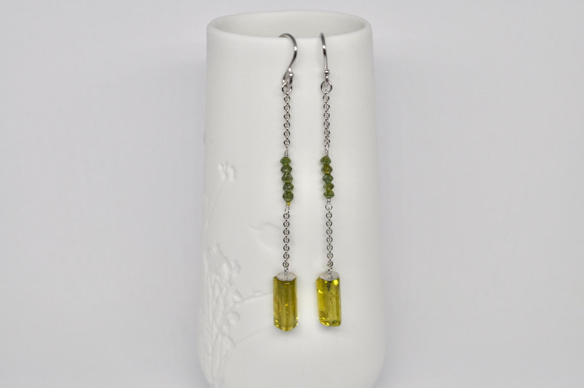 Dangle 18k White Gold Chain Earrings, Yellow Tourmaline Crystals, Green Diamond Beads : Handmade Jewelry