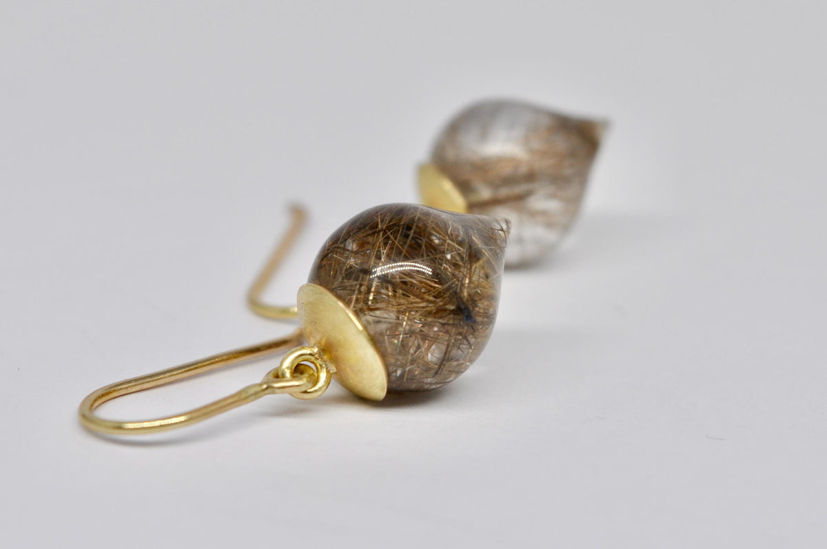 Dangling drop earrings, gold earrings, rutilated quartz