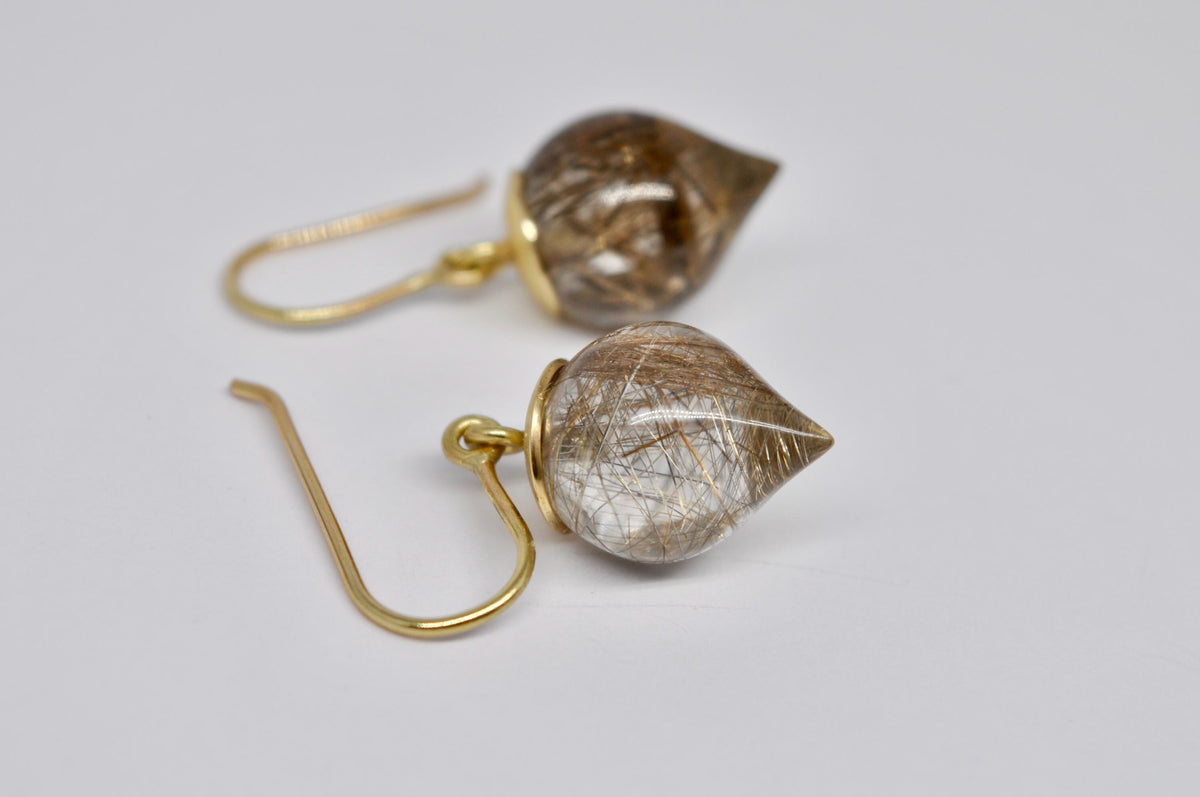 Dangling drop earrings, gold earrings, rutilated quartz