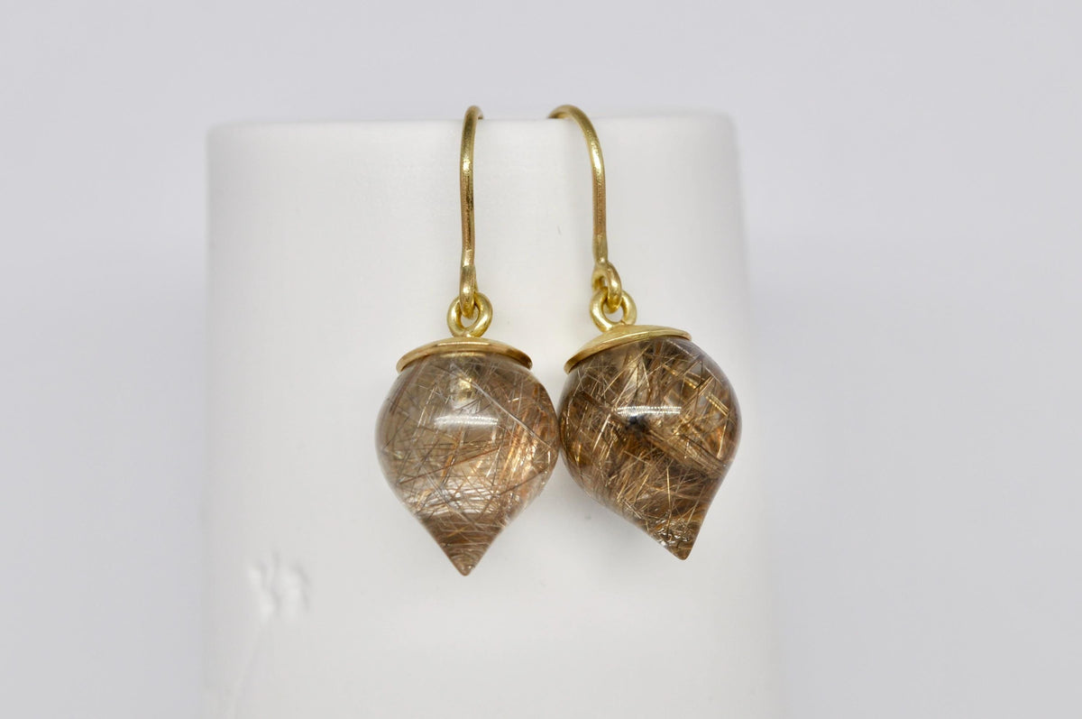 Dangling drop earrings, gold earrings, rutilated quartz