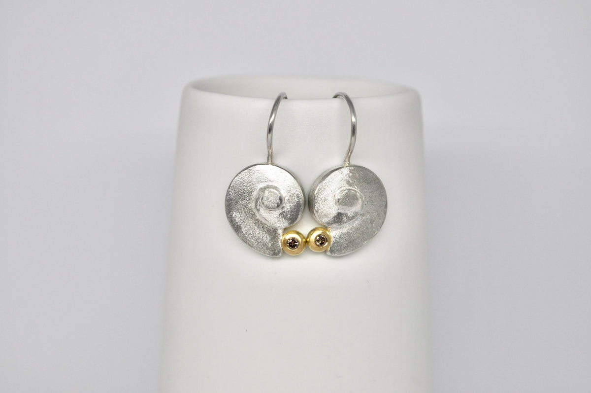 Sterling Silver Spiral Earrings, 18k Gold and Brown Diamond: Elegant Handmade Jewelry