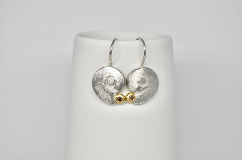 Sterling Silver Spiral Earrings, 18k Gold and Brown Diamond: Elegant Handmade Jewelry