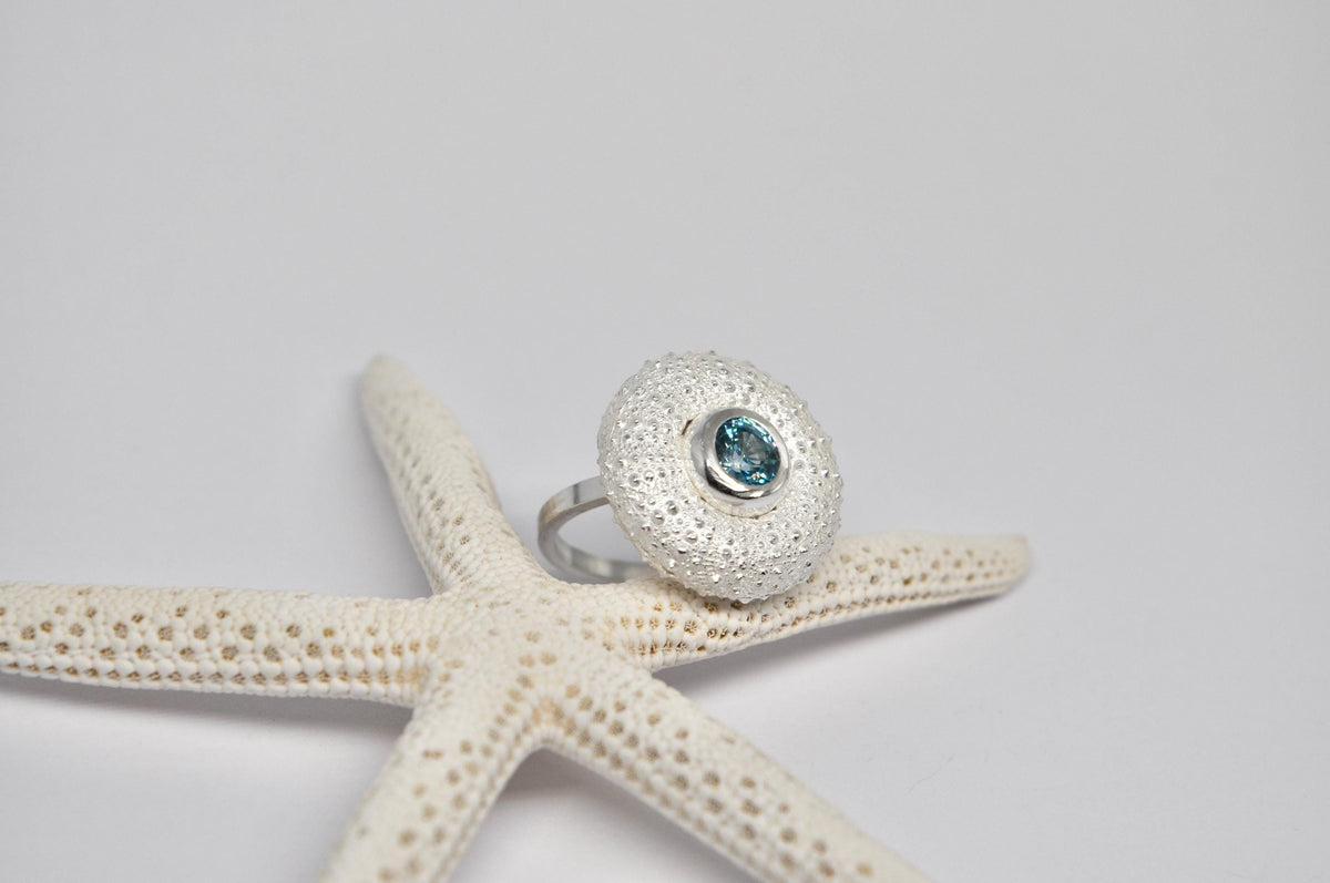 Sterling Silver Sea Urchin Ring With Blue Zircon : Handmade jewelry