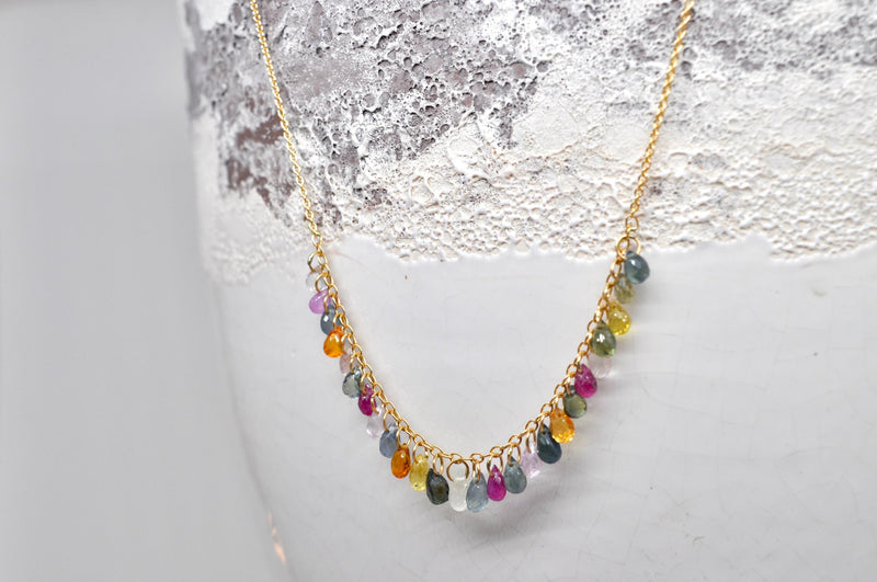 Delicate 18k Yellow Gold Necklace with Sapphire Drops in Various Colours : Artisan Jewelry