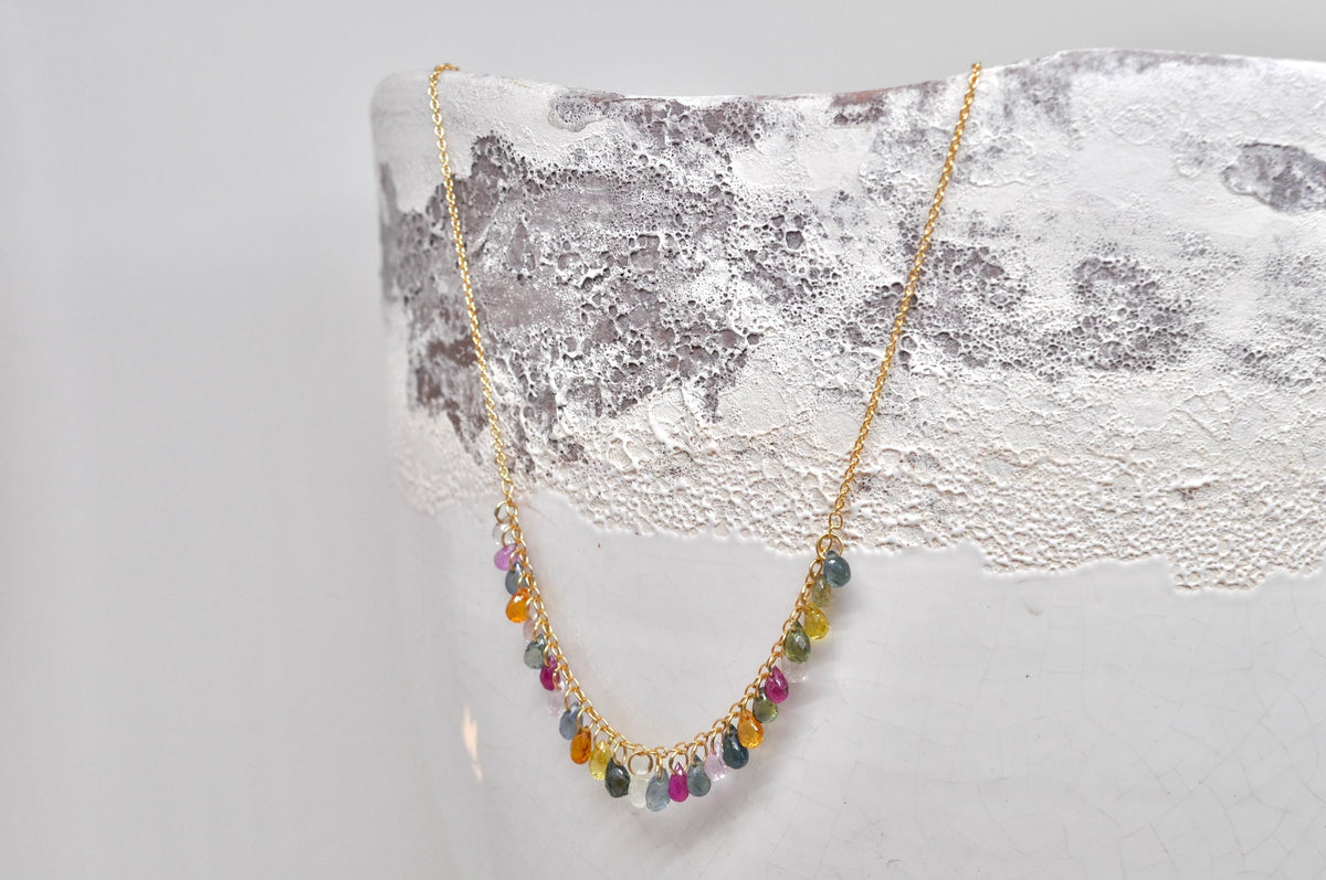Delicate 18k Yellow Gold Necklace with Sapphire Drops in Various Colours : Artisan Jewelry