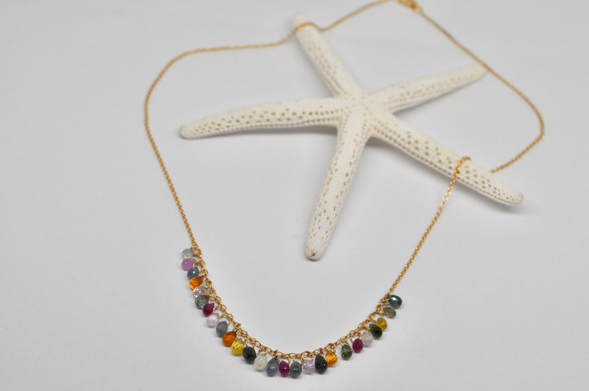 Delicate 18k Yellow Gold Necklace with Sapphire Drops in Various Colours : Artisan Jewelry